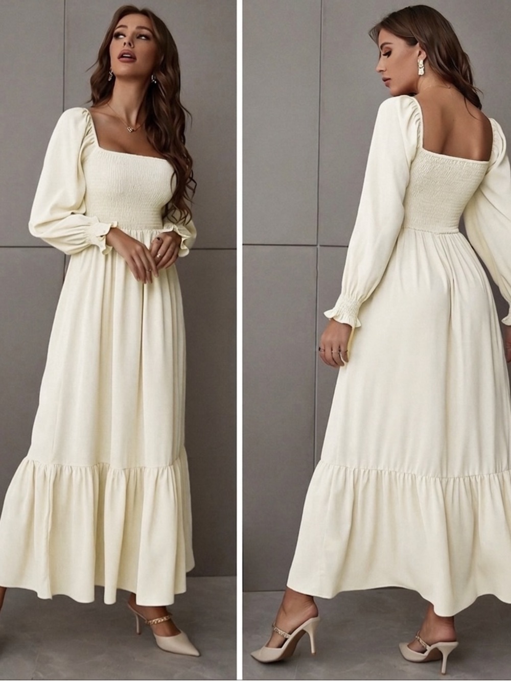 Cream Smocked Bodice Midi Dress - Puff Sleeve Tiered Cottagecore Maxi FINAL SALE